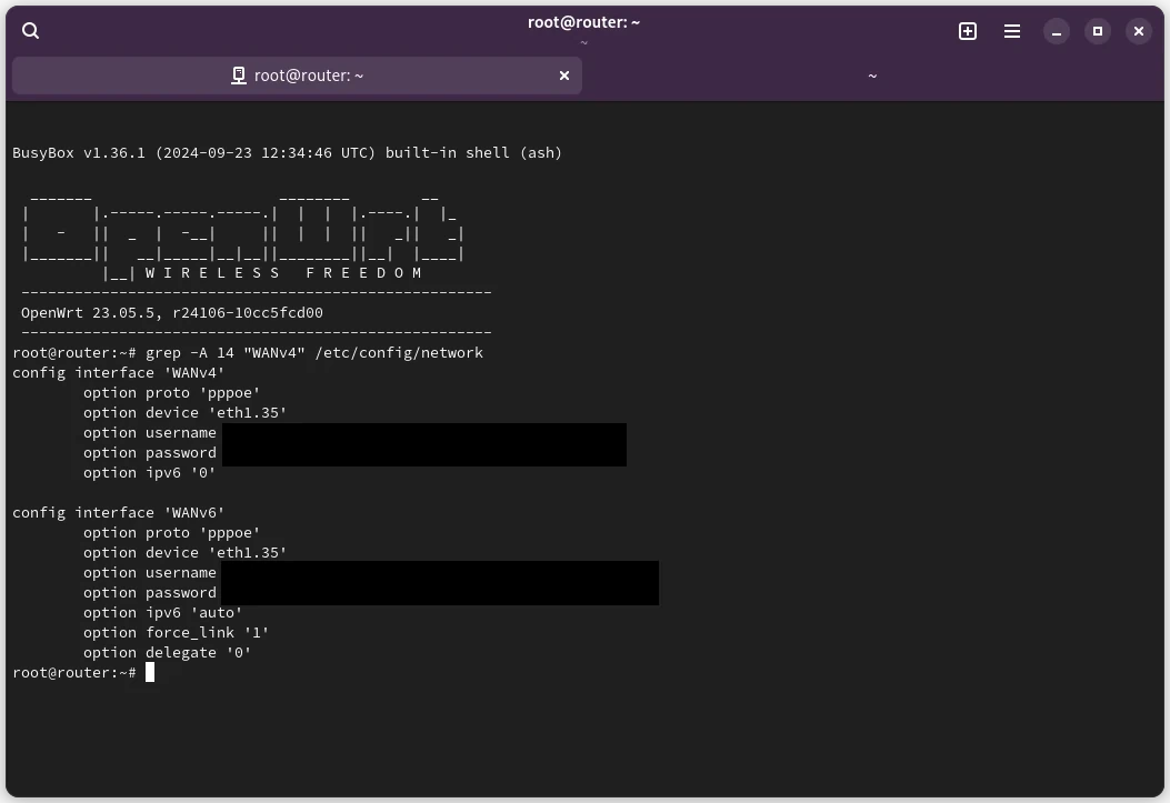 Zawartość pliku /etc/config/network na OpenWRT odnosząca się do konfiguracji interfejsów sieciowych „WANv4” oraz „WANv6”.